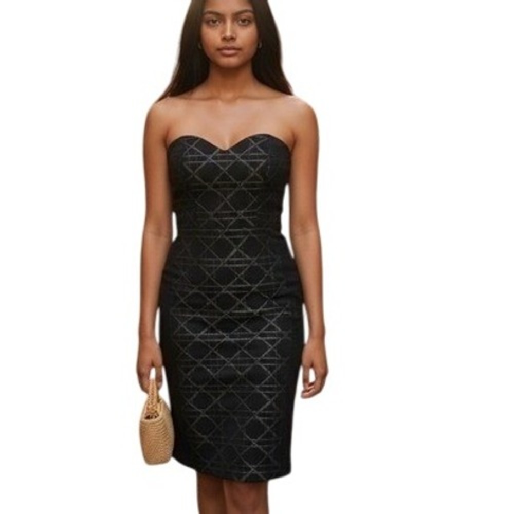 Aqua Black Geometric Jacquard Strapless‎ Sheath Dress Size S